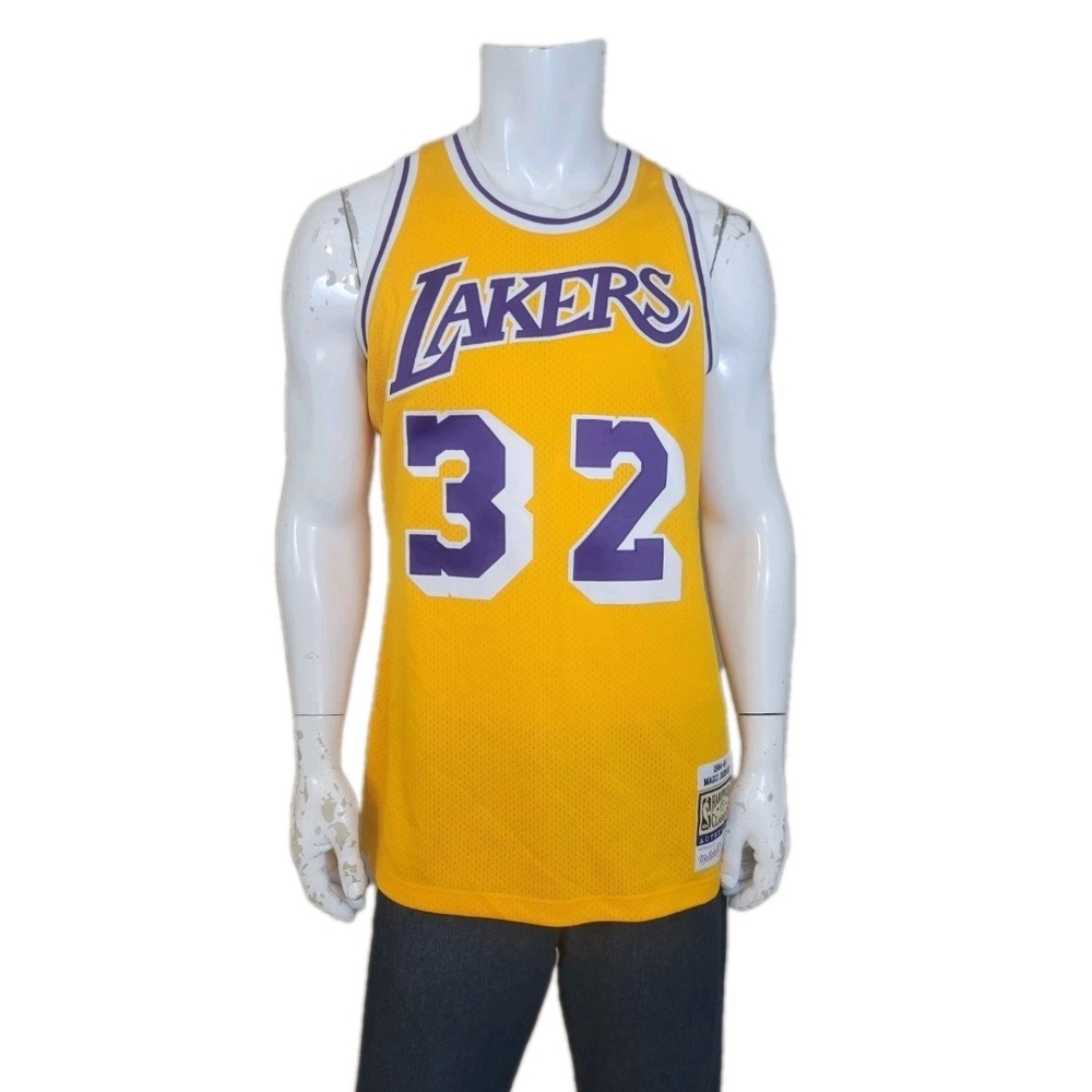 New Authentic Magic Johnson MitMitchell & Ness Yellow and Purple Lakers Tank Top